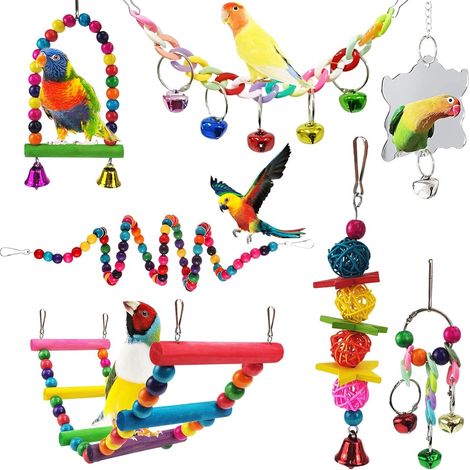 7 pièces Jouet Perroquet,Jouets pour Oiseaux Perchoir Perroquet Jouets d'escalade Couleur Balançoires, Échelles, Perchoirs, Cloches Jouet Perruche Jouets à Mâcher en Bois pour Pinsons (1/5)