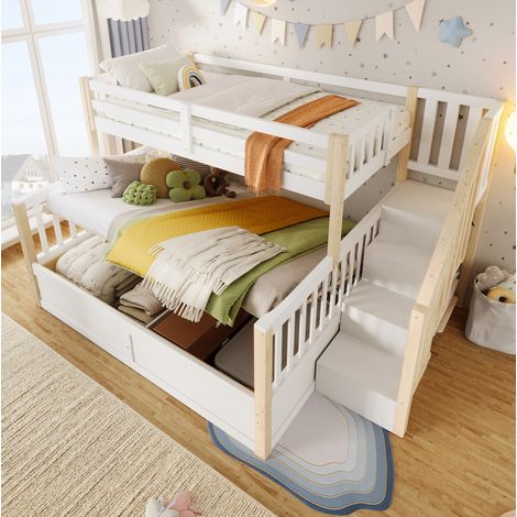 Letto a castello 90x200 + 140x200 cm con contenitore e scala, bianco e naturale DESVIAE (1/5)