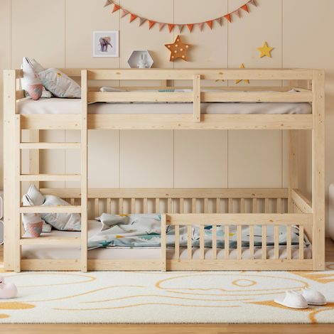 Lit superposé 160x200 cm avec garde-corps, bois naturel, 2 couchages, meuble chambre enfant, sommier intégré, échelle incluse, style scandinave, robuste et sécurisé (1/5)