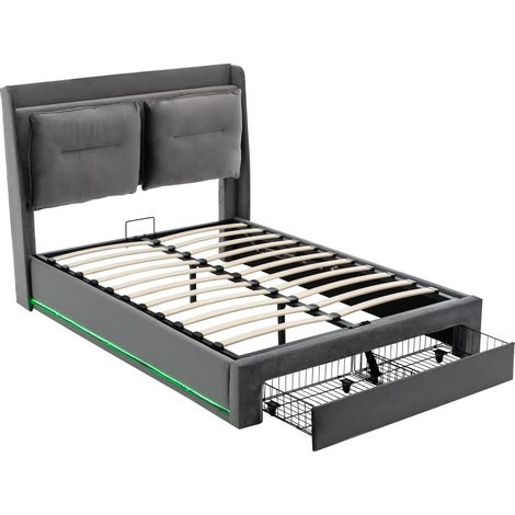 Lit coffre capitonné LED en velours gris foncé 140x190 avec tiroirs 2-en-1, sommier à lattes et dossiers rembourrés, rangements hydrauliques pour chambre moderne - CHICFURN (1/5)