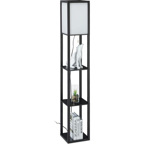 Relaxdays Stehlampe mit Regal, HBT: 161 x 26 x 26 cm, E27-Fassung, Holz & Acryl, modernes Design, Stehleuchte, schwarz
