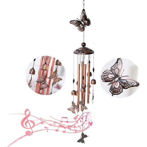 Carillon à vent papillon en cuivre avec tubes et bulles en aluminium – Décoration décorative de jardin et d'intérieur, sons doux et atmosphériques (1/4)