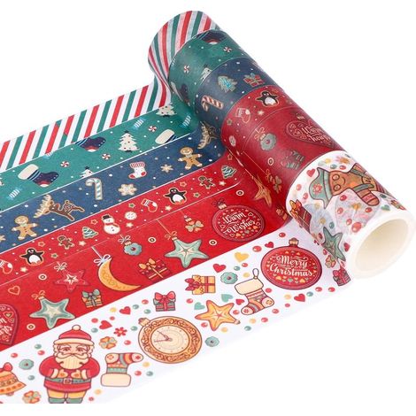 Ensemble de 6 rouleaux de ruban adhésif décoratif Washi pour Noël : idéal pour emballer vos cadeaux, décorer vos cartes de Noël et sceller vos cartes. (1/5)