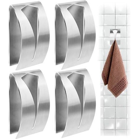 Lot de 4 porte-torchons de cuisine en acier inoxydable, crochets muraux adhésifs sans perçage pour serviettes et torchons (1/5)