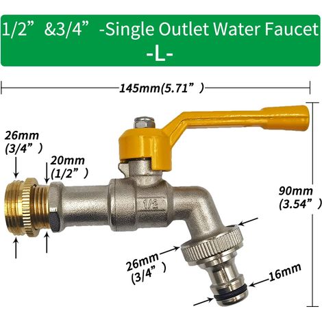 (L-1pcs) Adaptateur de robinet pour tuyau d'arrosage 1/2'', connecteur pour réservoir d'eau IBC, irrigation 2 voies/1 voie, raccord de remplacement en laiton, vanne à bille (1/5)