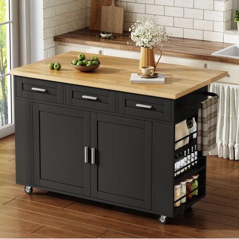 Table extensible îlot cuisine MDF naturel noir HAVRYA (1/5)
