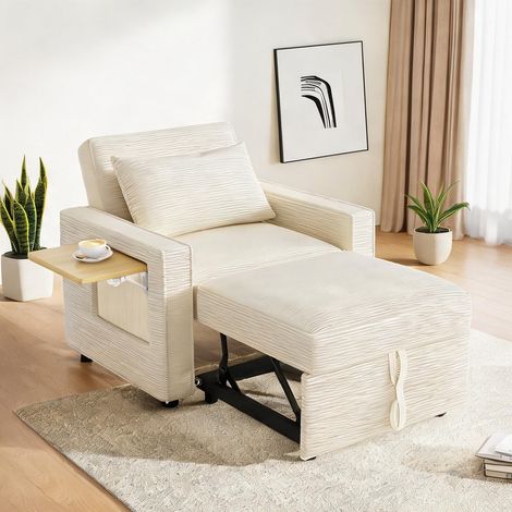Sofa lit convertible beige en velours côtelé avec ports USB (1/5)