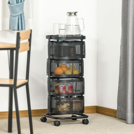 Chariot service 4 étages Chariot cuisine rotatif roulettes Chariot panier étagère supérieure - Dimensions: 33x33x77 cm - Couleur: Noir