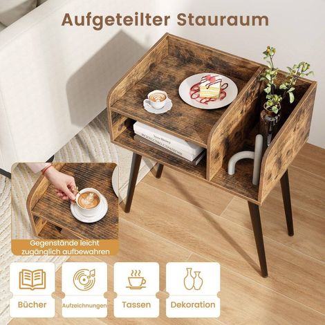 Mesita de noche mesa auxiliar con compartimento abierto mesa para sofa con patas de soporte de metal 50 x 32 x 58 cm marron rustico 1 pieza