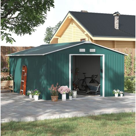 Abri de jardin 12,4 m² en acier galvanisé, porte coulissante, vert foncé OKMYHOME (1/5)