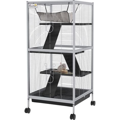 Cage portable 4 étages pour petits animaux avec roulettes, 2 portes, 3 rampes, hamac et plateau amovible (1/5)