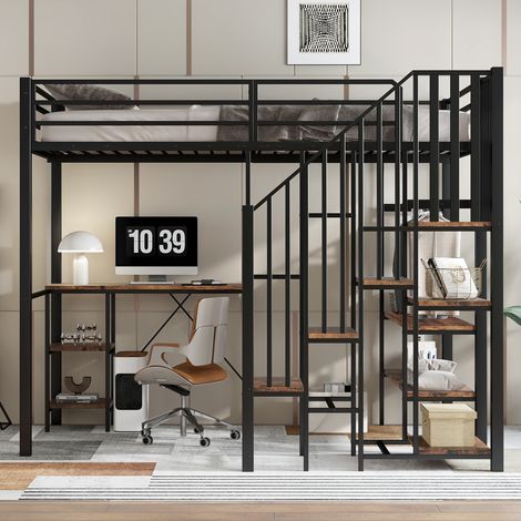 Lit superposé en métal noir et bois vieilli, parfait pour chambre d'enfant et ado, avec échelle, penderie d'angle, rangements intégrés, bureau et étagère, structure fer et MDF, dimensions 120x200 cm. (1/5)