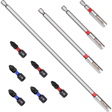Lot de 10 porte-embouts magnétiques de 300 mm, 150 mm, 100 mm, 60 mm pour embouts de visseuse à percussion avec 3 embouts PH2 + 3 embouts PZ2 (1/5)