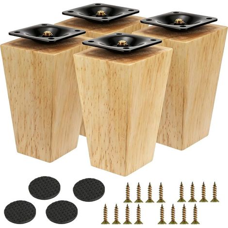 4Pcs Pieds de Meuble Bois Droit 10cm, Pieds Table Basse en Chêne Massif pour Canapé, Lit, Fauteuil, Table de Nuit, Armoire (Couleur Originale) (1/4)