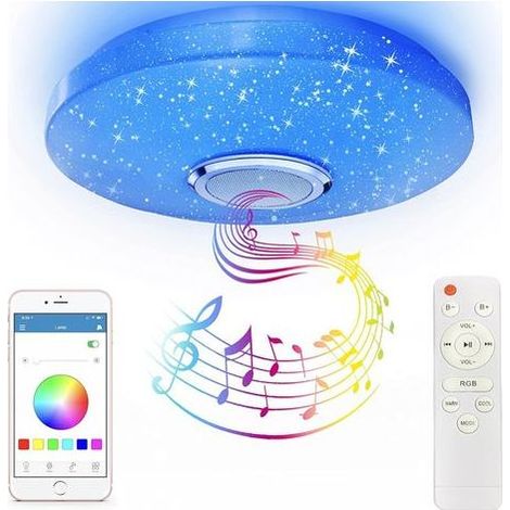 Plafonnier LED RGB 36 W avec haut-parleur Bluetooth, 30 cm, couleurs changeantes (froid/chaud/blanc), application et télécommande, étanche, idéal pour chambre d'enfant ou salle de bain. (1/5)