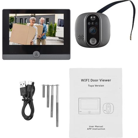 Sonnette vidéo WiFi pour appartement, caméra judas 2,4 GHz, écran IPS 4,3 pouces, compatible avec l'application Tuya, résolution 1080p, détection de mouvement, batterie intégrée rechargeable. (1/2)