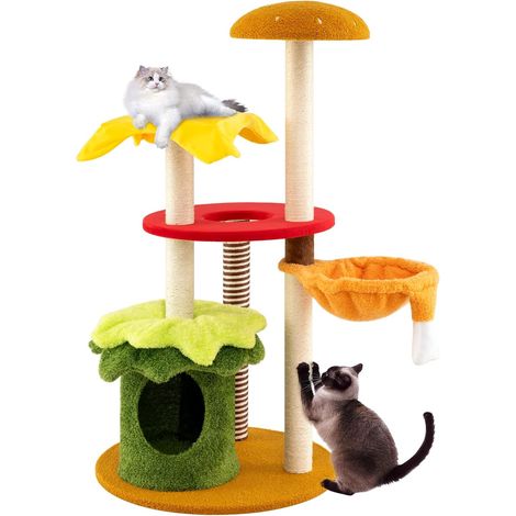 COSTWAY Albero per Gatti 117 cm, Tiragraffi per Gatti a Tema Hamburger con Letto a Cestino Sospeso, Condominio, Trespolo Imbottito, Tiragraffi in Sisal, Cuscini Peluche e Giocattolo Sospeso (1/5)