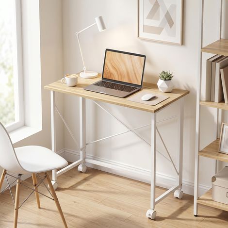 Bureau pliant gain de place avec 4 roulettes et frein, 80x40x75 cm, bois (1/5)