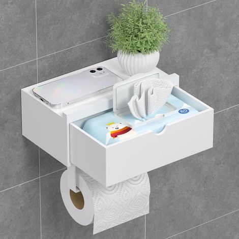 Porte-papier toilette avec récipient pour lingettes humides, étagère et support en bambou - pour WC, salle de bain, autocollant ou perforé, blanc (1/5)