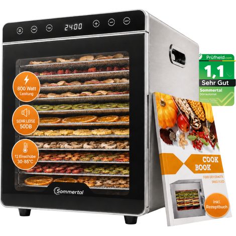 Sommertal Dörrautomat Silence 800 12 Einschübe, 800W, 30–85°C & 24h Timer – Dörrgerät Edelstahl, Kräutertrockner & Dehydrator für Obst & Fleisch