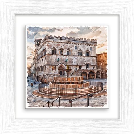Lupia - Quadro moderno con paesaggi e localismi italiani, Ceramica e Stampa Rilievo, Cornice Legno Shabby Modern bianca, Decorazione Parete, Quadretti Soggiorno, 29x29 cm, PERUGIA FONTANA MAGGIORE (1/4)