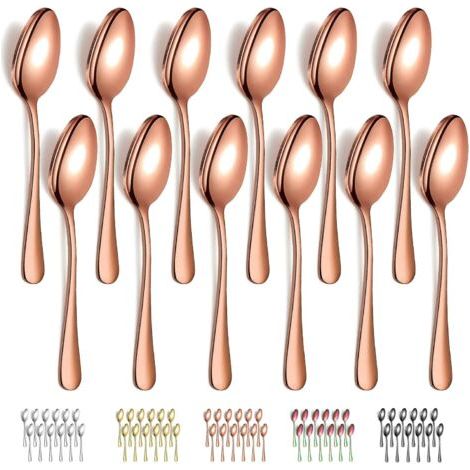 12 cuillères en or rose (17,3 x 3,6 cm), cuillères à dîner en acier inoxydable, cuillères de table, faciles à nettoyer, passent au lave-vaisselle