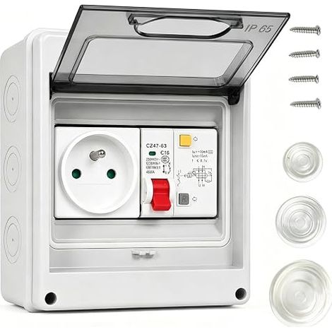 Caja de enchufes con interruptor diferencial (RCCB), enchufe Schuko, 16A 250V, montaje en superficie y pared, distribución eléctrica segura para el hogar y pequeños espacios exteriores. (1/5)