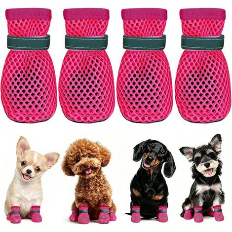 Chaussures pour chiens, été, petits chiens, lot de 4, chaussures en maille, légères, respirantes, antidérapantes, pour l'extérieur, idéales pour les chemins chauds, protègent les pattes (rose, M) Rose (1/5)