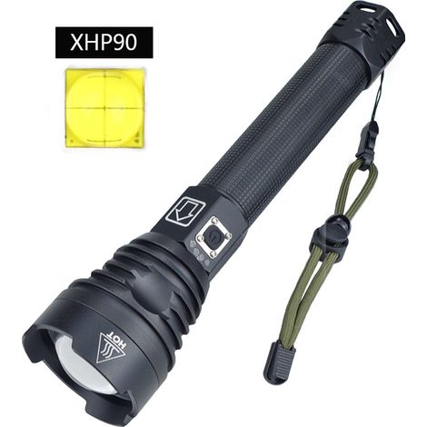 Linterna LED XHP90 de 26650 lúmenes, linterna LED táctica recargable XHP90, lámpara de mano brillante con 3 modos, linterna impermeable con zoom para camping, emergencias y senderismo. (1/5)