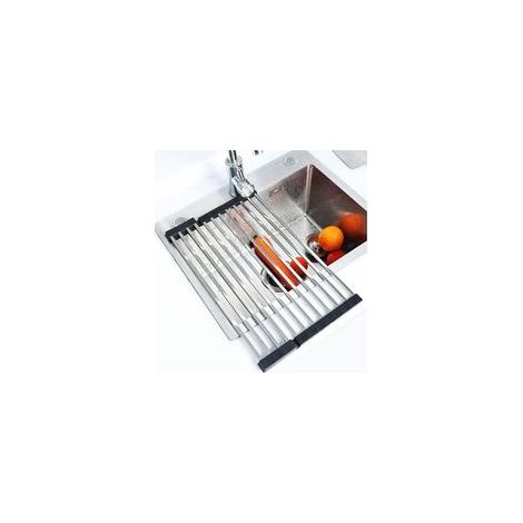Égouttoir pliable en acier inoxydable pour vaisselle – Tapis d’évier enroulable argenté 47 x 36 cm (16 tubes) (1/5)
