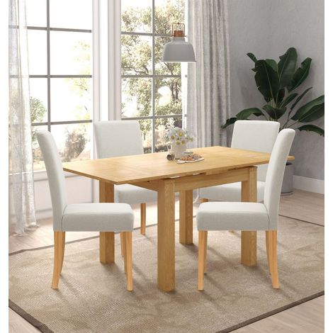 Hallowood Furniture Waverly Oak Extendable Dining Table and Chairs Set 4, Rectangular Small Kitchen Extending Table and Chairs in Straight Back and Upholstered Beige Fabric for Home and Café (1/5)