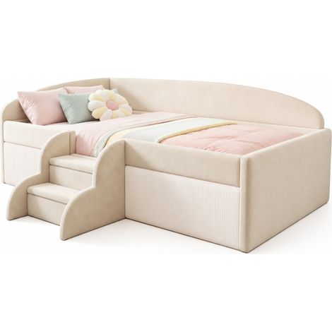 Lit enfant rembourré 90 x 190 cm en velours beige, avec barrières de sécurité, marches antidérapantes et sommier à lattes robuste, pour chambre moderne CHICFURN (1/5)