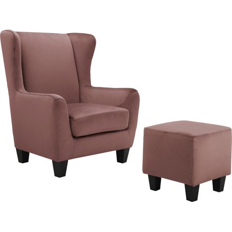 Zhili-Fauteuil + Tabouret en Velours Rose