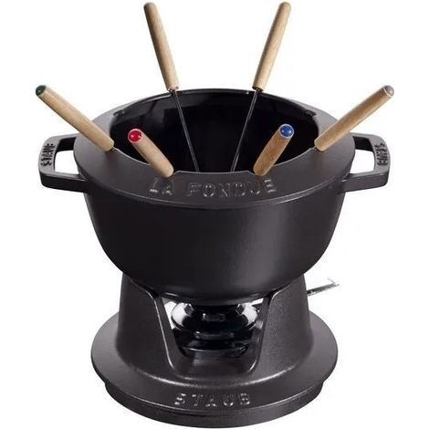 STAUB- Service à Fondue en Fonte, avec 6 Fourchettes à Fondue, Pour Fondue Savoyarde, Bourguignonne et au Chocolat, Ø 20 cm, Noir Mat (1/4)