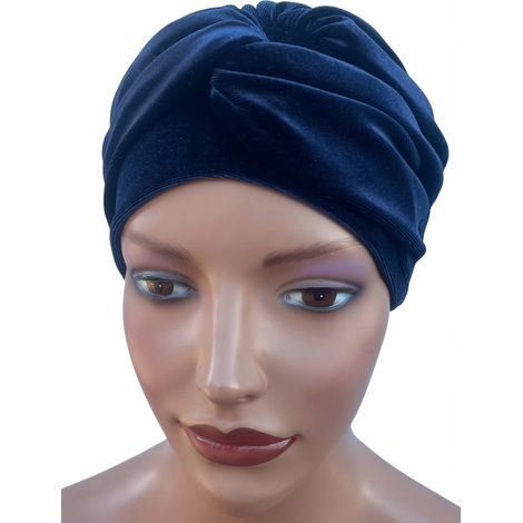 Turbante de mujer azul marino Sara 520 de terciopelo con forro, también para después de la quimioterapia. (1/5)