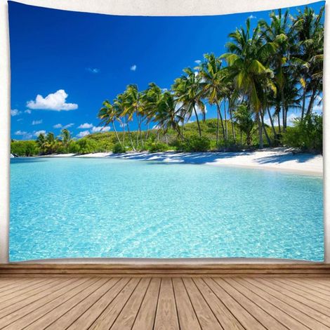 Tapisserie Murale Plage - Arbre De Coco Tropical - Paysage Naturel Ciel Bleu Mer - 230 x 180 cm - Polyester - Décoration Chambre Salon
