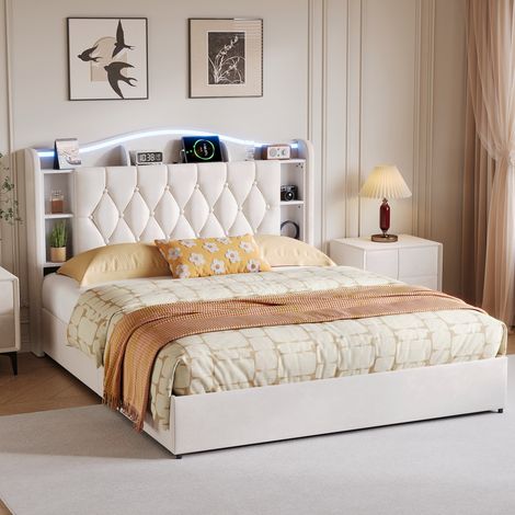 Lit Coffre 160x200 cm, Lit Double 160x200 cm en Velours, avec Sommier à Lattes, Tête de Lit LED Lumineuse, Rangement Ouvert, Ports USB et Type-C - Beige