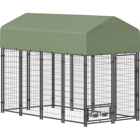 Recinto per Cani da Esterno 244x122x183 cm con Tetto in Tessuto Oxford Anti-UV Impermeabile 2 Ciotole in Acciaio Verde (1/5)