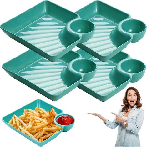 Ensemble de 4 assiettes de service en plastique avec compartiment à sauce pour chips salsa raviolis sushis soupes sandwichs - Bleu (1/5)