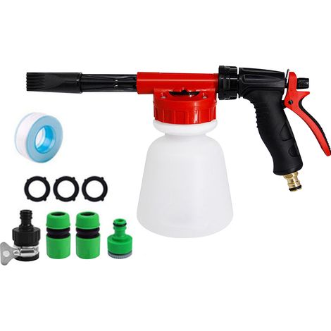Pistolet à mousse pour lavage de voiture, pulvérisateur de tuyau d'arrosage avec cadran à rapport réglable, Kit de buse de mousse de savon, bouteille de 1 litre, connecteurs universels (1/5)
