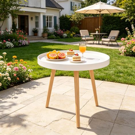 Table Basse Ronde Table d'Appoint Bout de Canapé en Pin Massif et MDF Blanc et Chêne Ø 50 x 44 cm - PANGIVO (1/5)