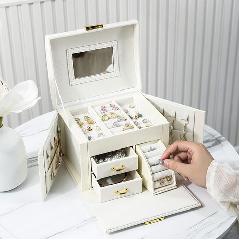 Portagioie con cassetto estraibile, ideale per riporre collane, orecchini, anelli e bracciali. Espositore per gioielli da donna, bianco trasparente.