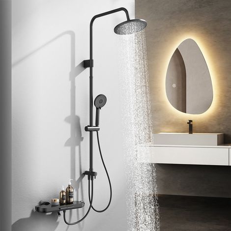 Colonne de Douche Noir en Inox pour Baignoire, Ensemble mitigeur de douche avec étagère intégrée, Hauteur Réglable(839-1164mm) Sans Percement Supplémentaire (1/5)