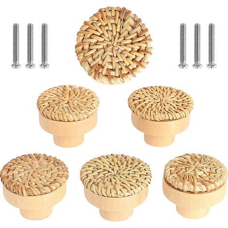 Juego de 6 pomos de ratán para muebles, tiradores de cajón de madera maciza, 40 x 30 mm. Tornillos incluidos para una fácil instalación. (1/5)