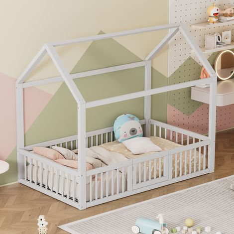 MEUBLIV Cadre de lit cabane 90x200 cm blanc – barrière de sécurité, sans matelas (1/5)