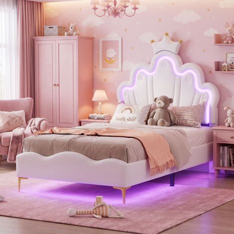 Lit Enfant Rembourré 90x200 cm avec LED,Lit Princesse Couronne,Lit Filles,Lit Simple 90x200 avec Tête de lit Réglable Hauteur,PU,Blanc