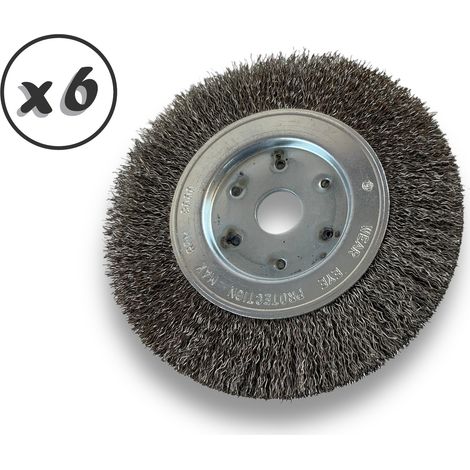Lot de 6 brosses circulaires INOX Ø 150 mm Epaisseur 1 rang Fil dur 0.30 mm ondulé Alésage 20 mm + réducteur bague 16/12 mm Touret meuleuse affûteuse ponceuse Kibros 215151ITx6
