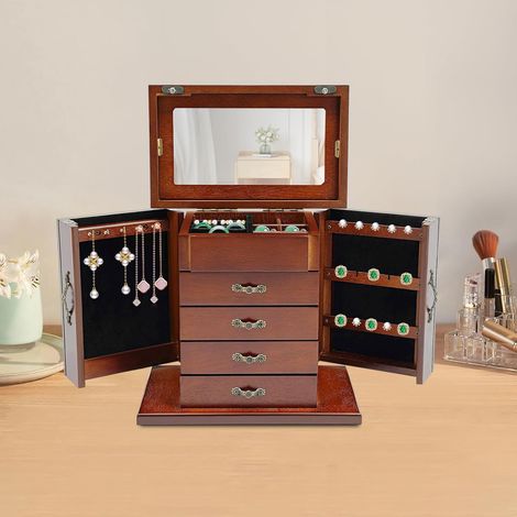 Schmuckkasten Groß 5 Etagen Schmuckkästchen aus Holz Vintage Braun Schmuckschatulle mit Spiegel