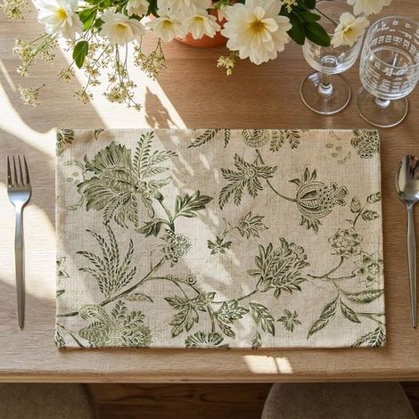 4 teiliges Leinen Tischset mit Blumenmuster für den Herbst Rustikaler Cottagecore Jacobean Stil, waschbar, 33 x 43 cm, Grün für Esstisch und Auße (1/4)
