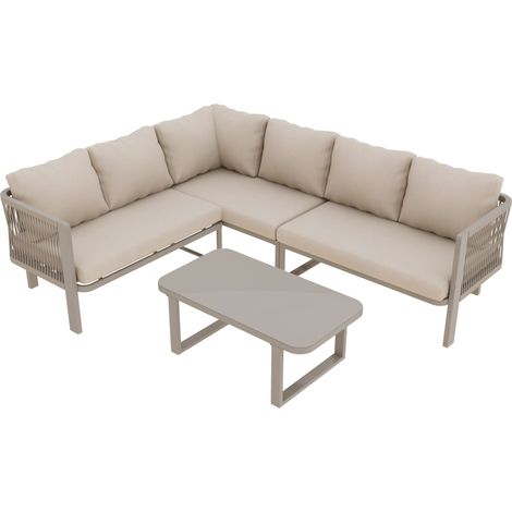 Salon de Jardin d’angle 6 Places – Table Verre – Banc + Chaises + Canapé – Acier Galvanisé – Corde Teslin – Kaki